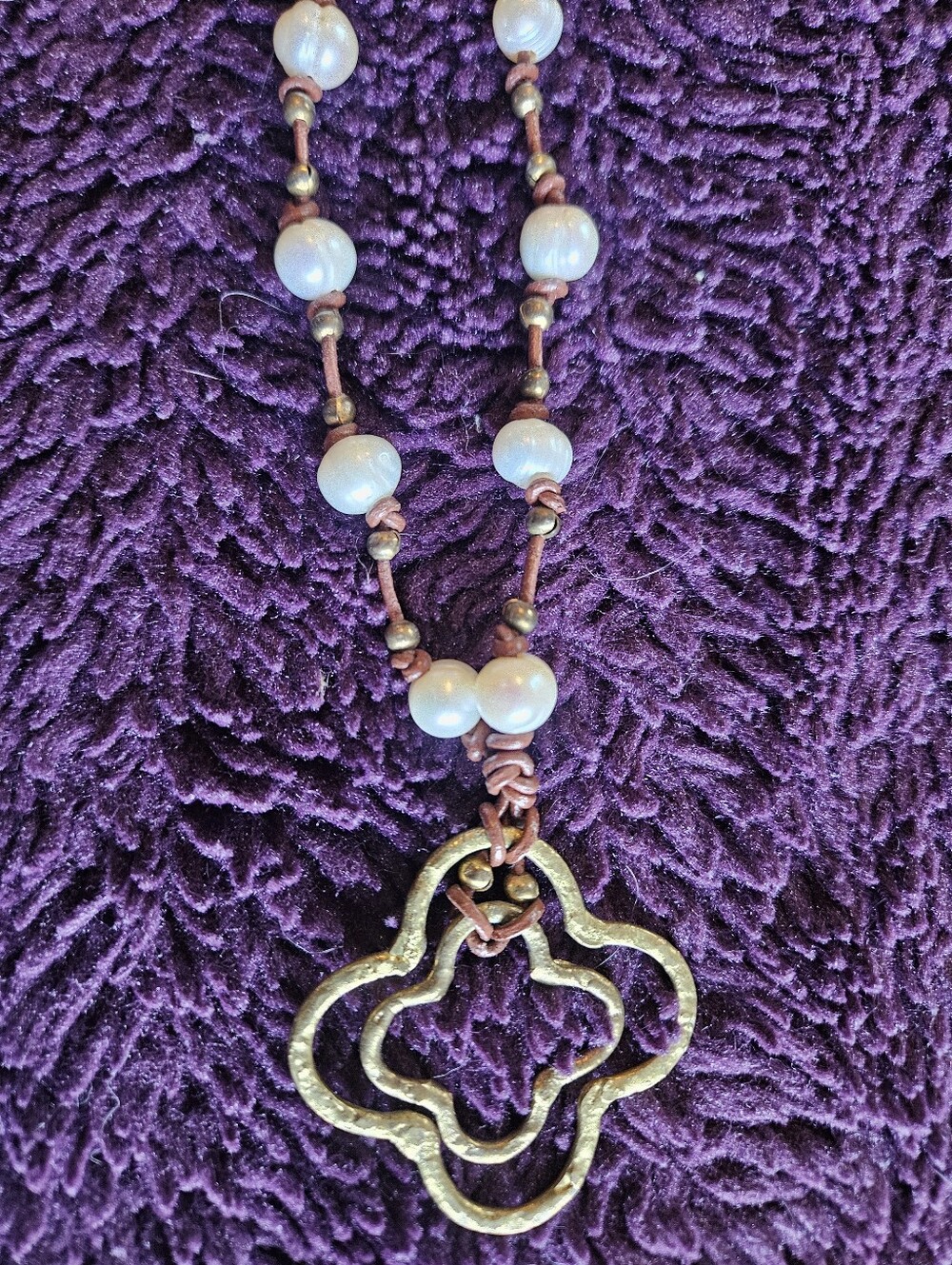 Handcrafted Pearl and Gold-Tone Clover Pendant Necklace - White and Brown